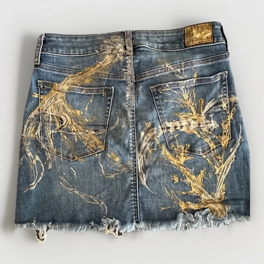 AE Denim Mini Skirt Womens Size 4 Tiger Patch Painted Y2K Grunge Festival Street